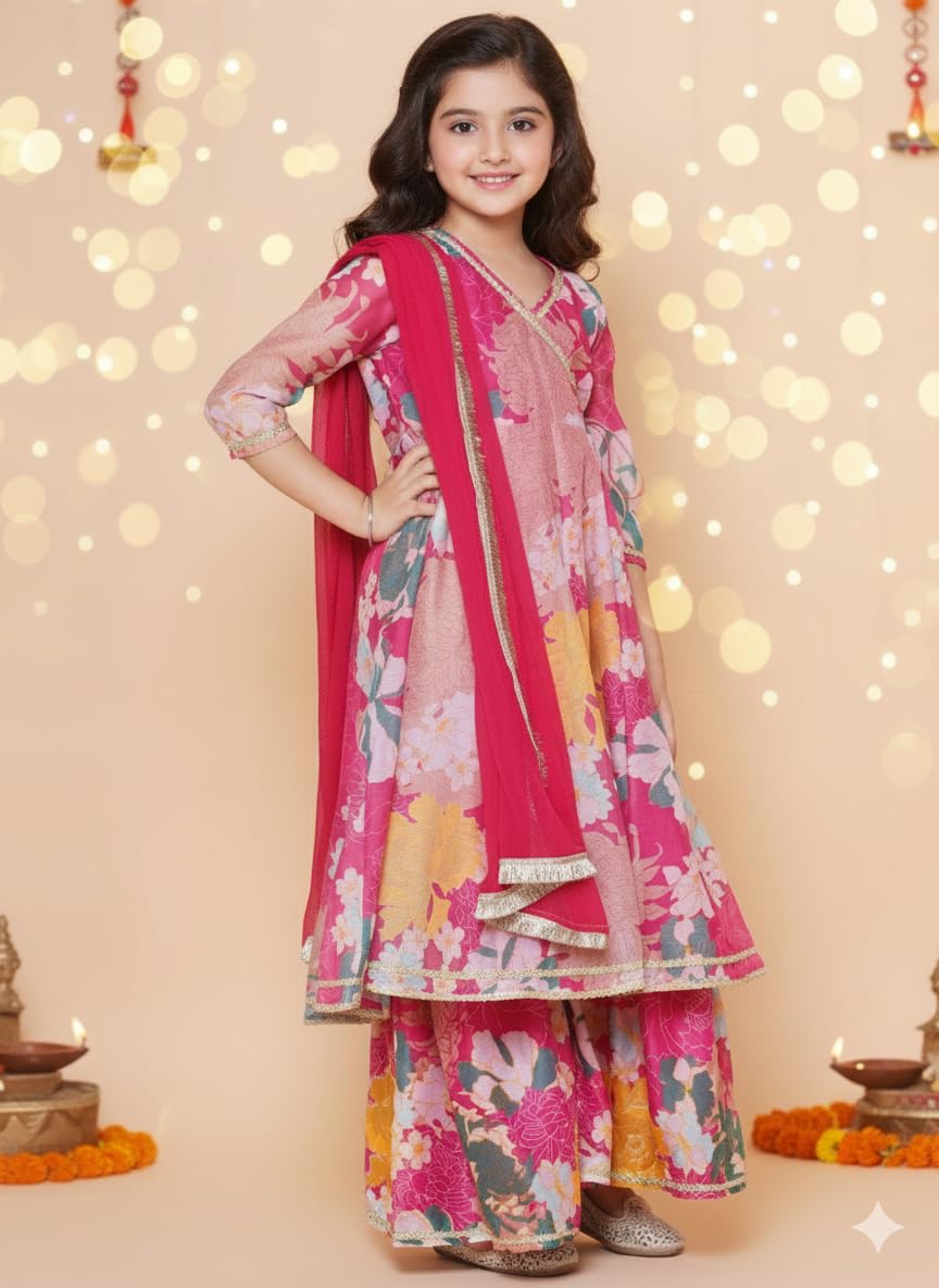 Naixa Girls Floral Printed Sharara Dress Set - Pink - Image 3