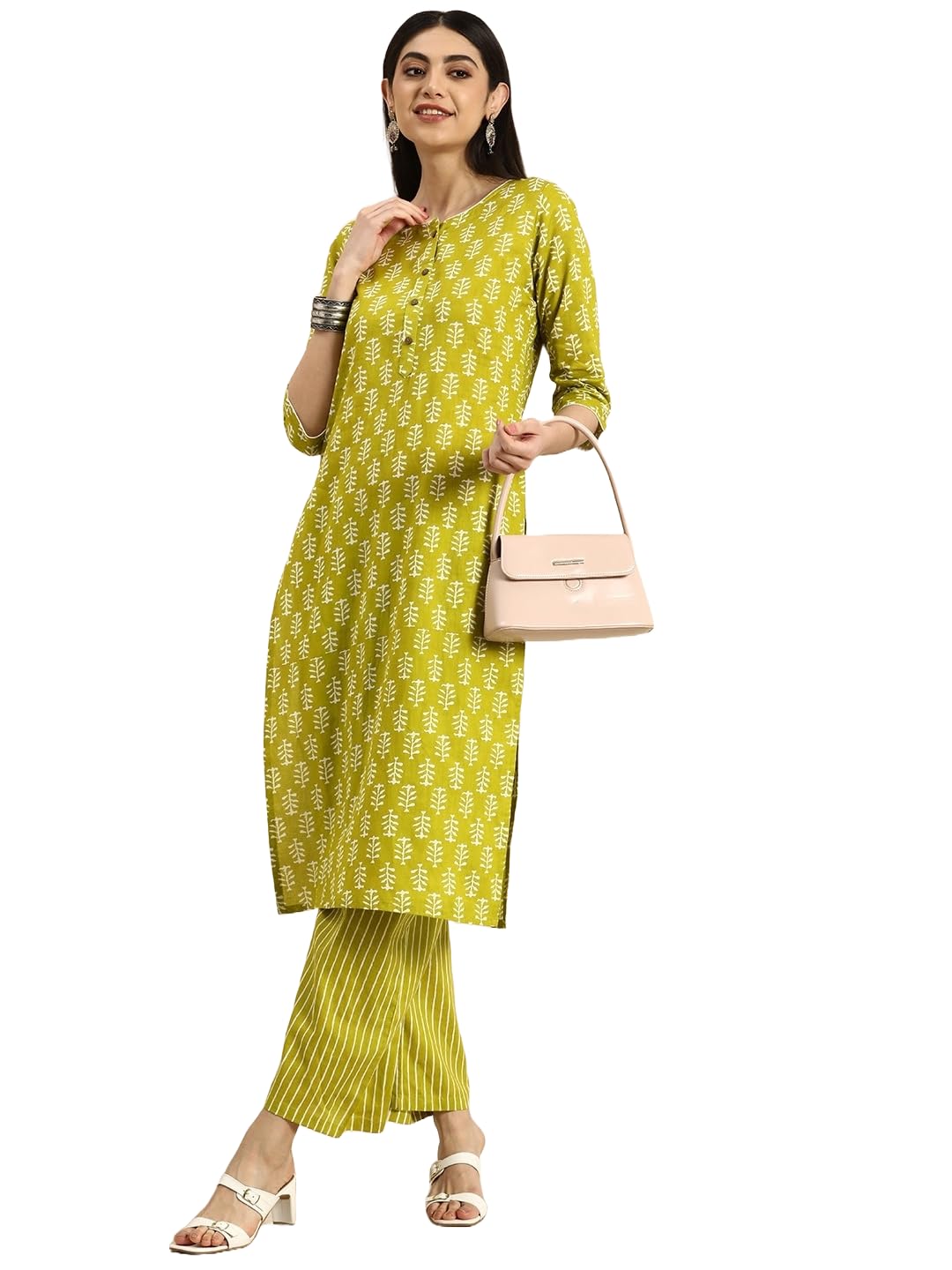 MEERA FAB Women's Cotton Printed Kurta With Palazzo - Green - Image 3