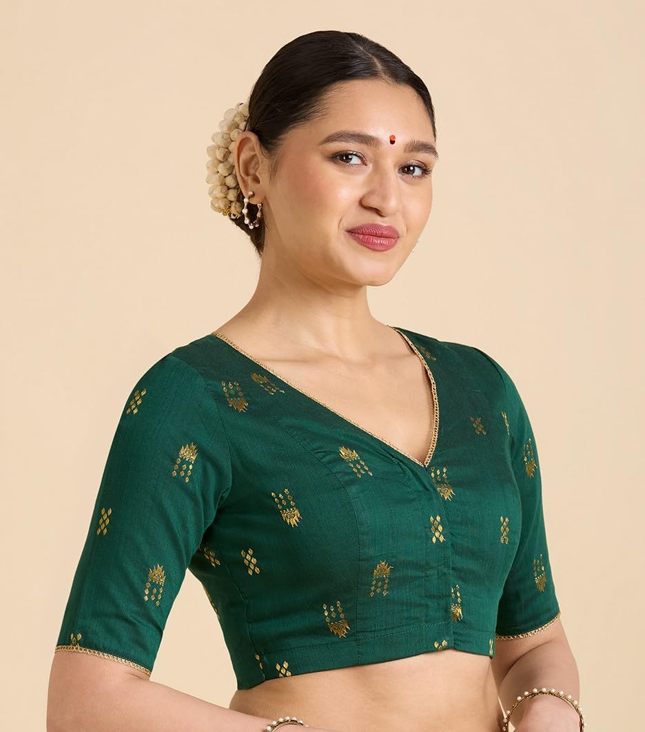 Studio Shringaar Women's Handloom Cotton Silk Saree Blouse - Green - Image 4