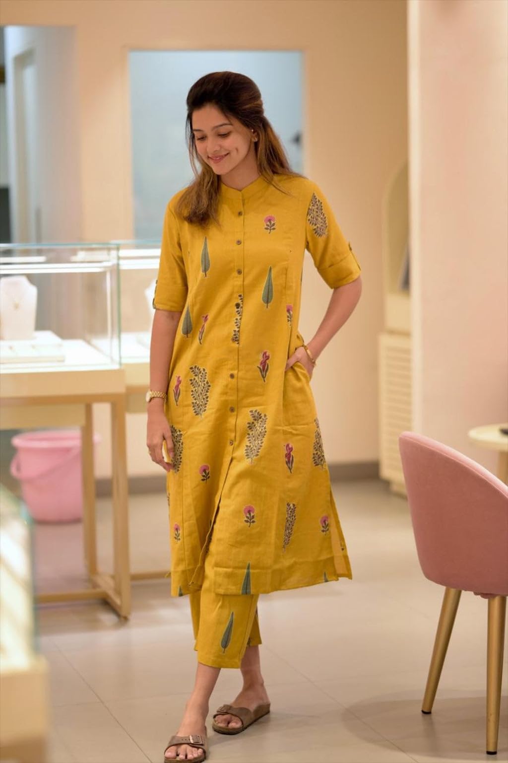 ANNI DESIGNER Women's Rayon Viscose Kurta with Pant - Yellow - Image 3