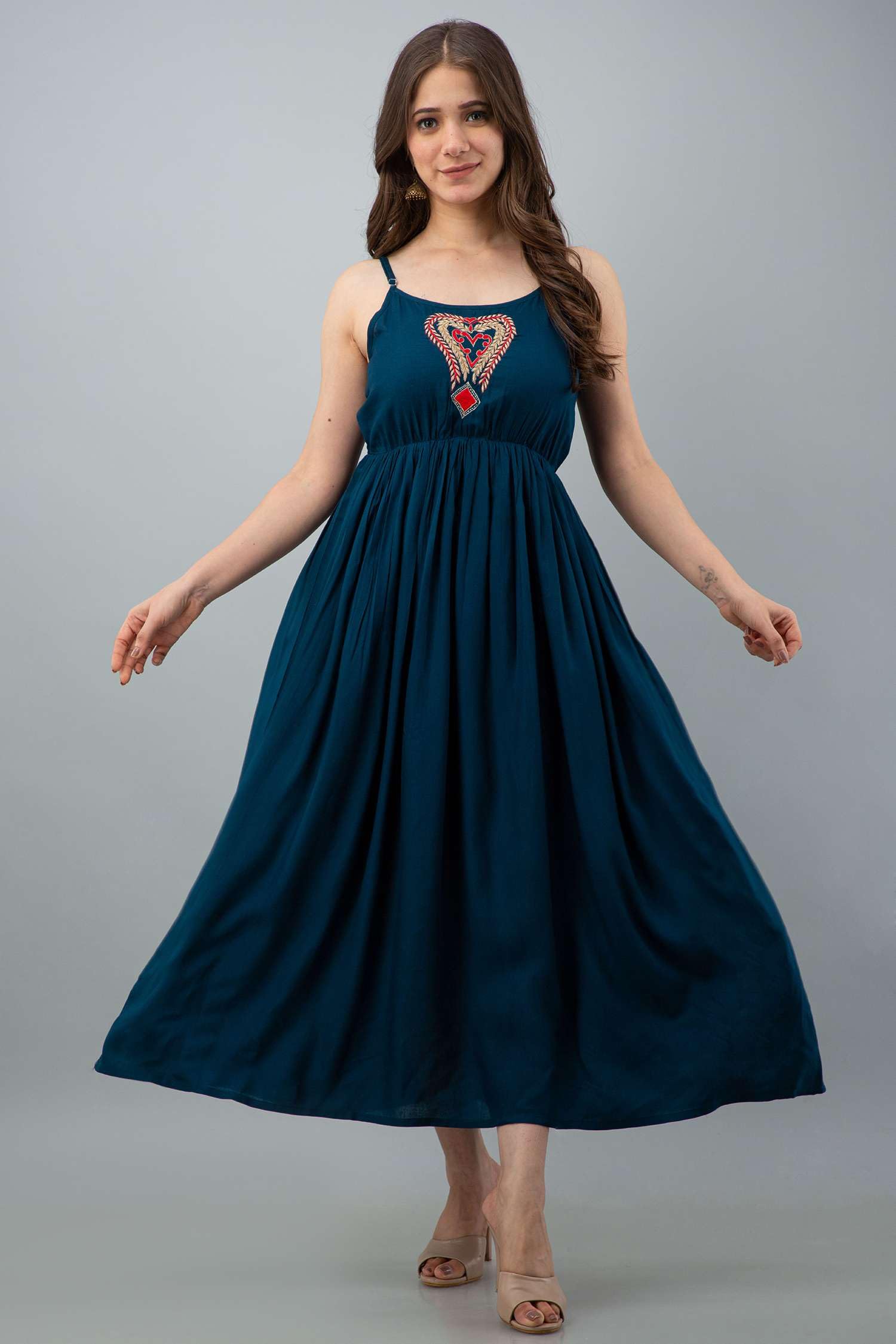 GarbGlide Women's Rayon Embroidered Anarkali Dress - Royal Blue - Image 2