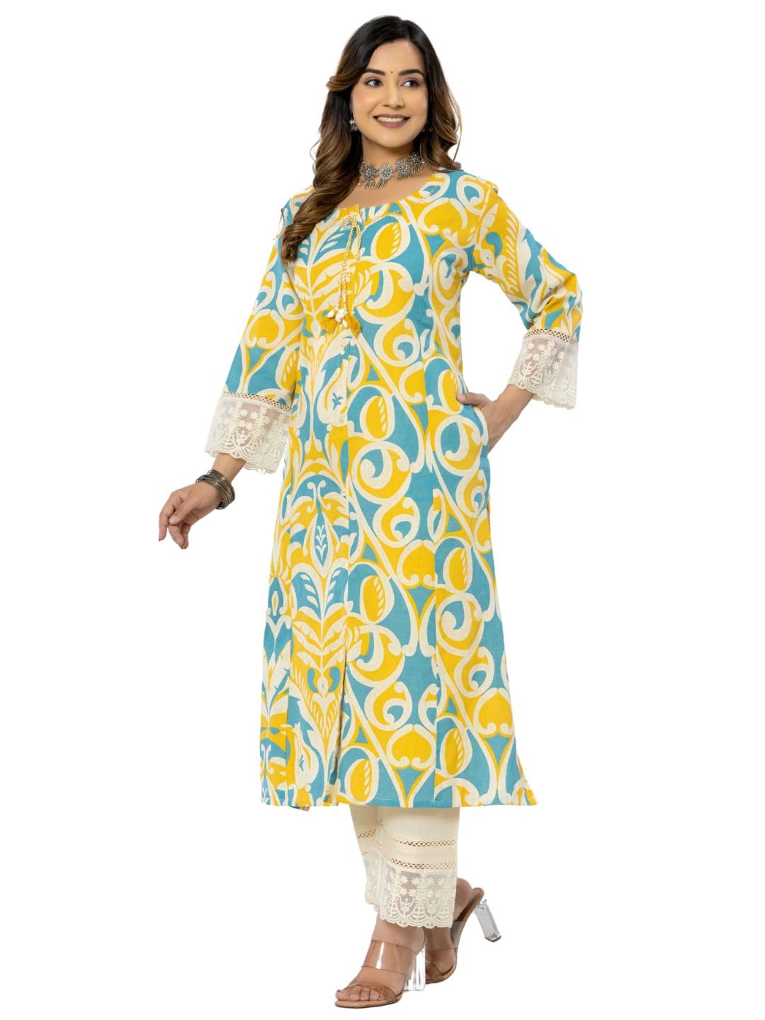 Yellow Cotton Printed A-Line Kurta Pant Set for Women - Image 4