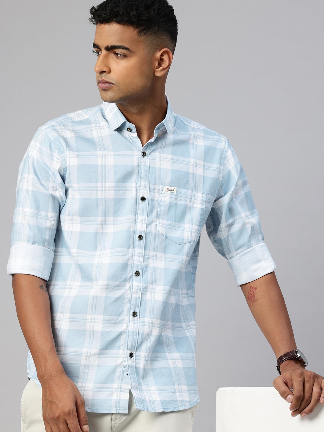Majestic Man Checked Casual Shirt - Light Blue - Image 2