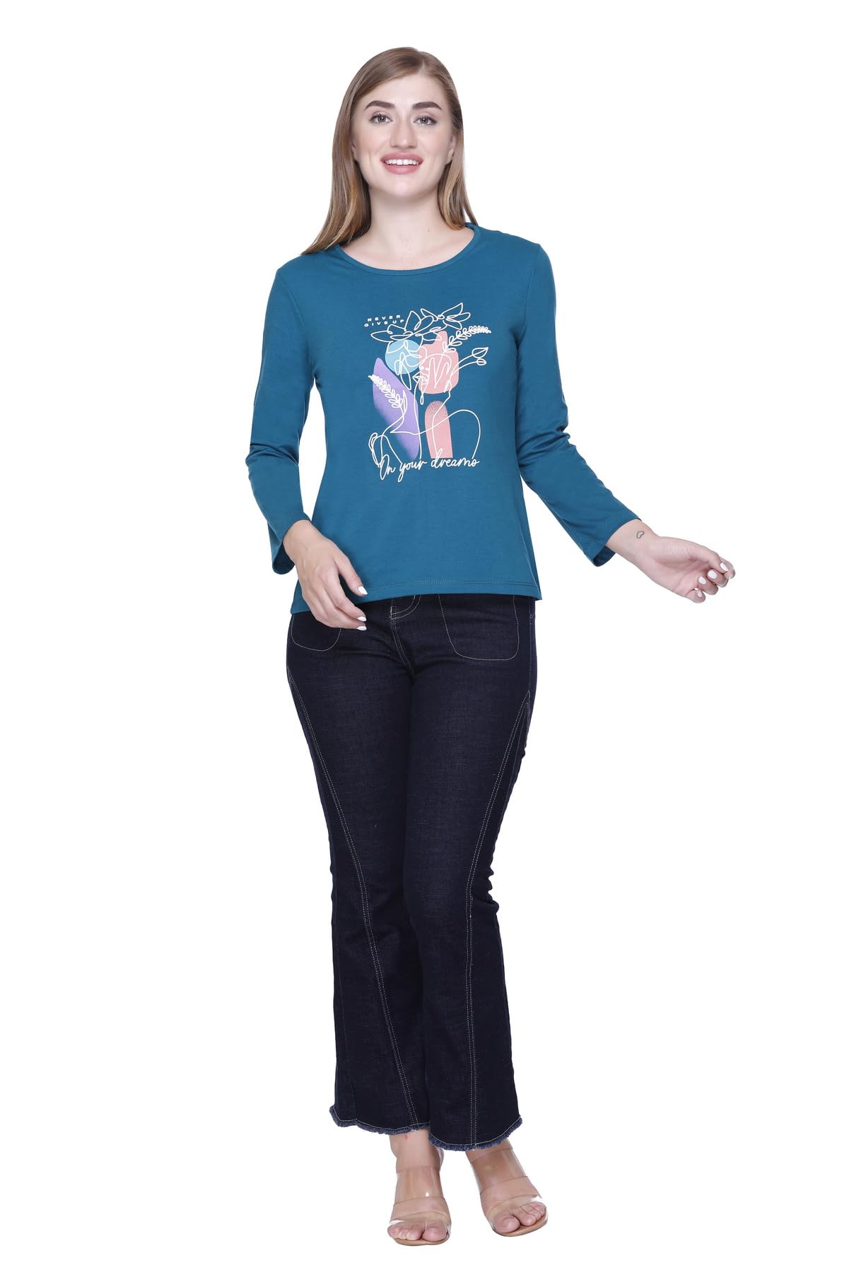 Star Touch Teal Full Sleeve Cotton T-Shirt for Women - Image 3