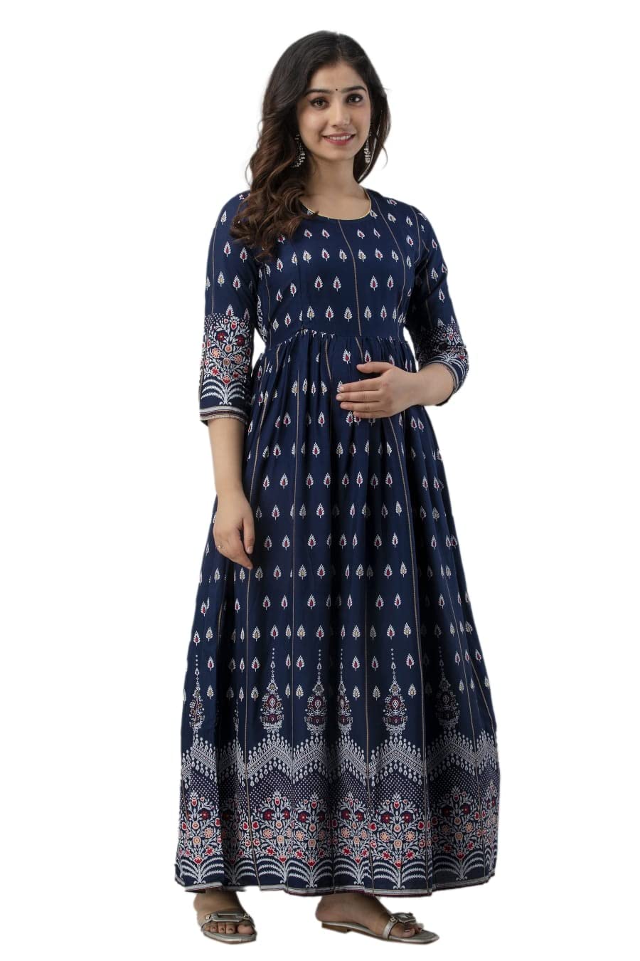 Devek Women's Rayon Anarkali Maternity Dress - Navy Blue