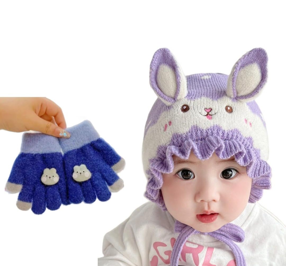 REFFER Unisex Wool Baby Winter Caps and Gloves Set - Multicolor
