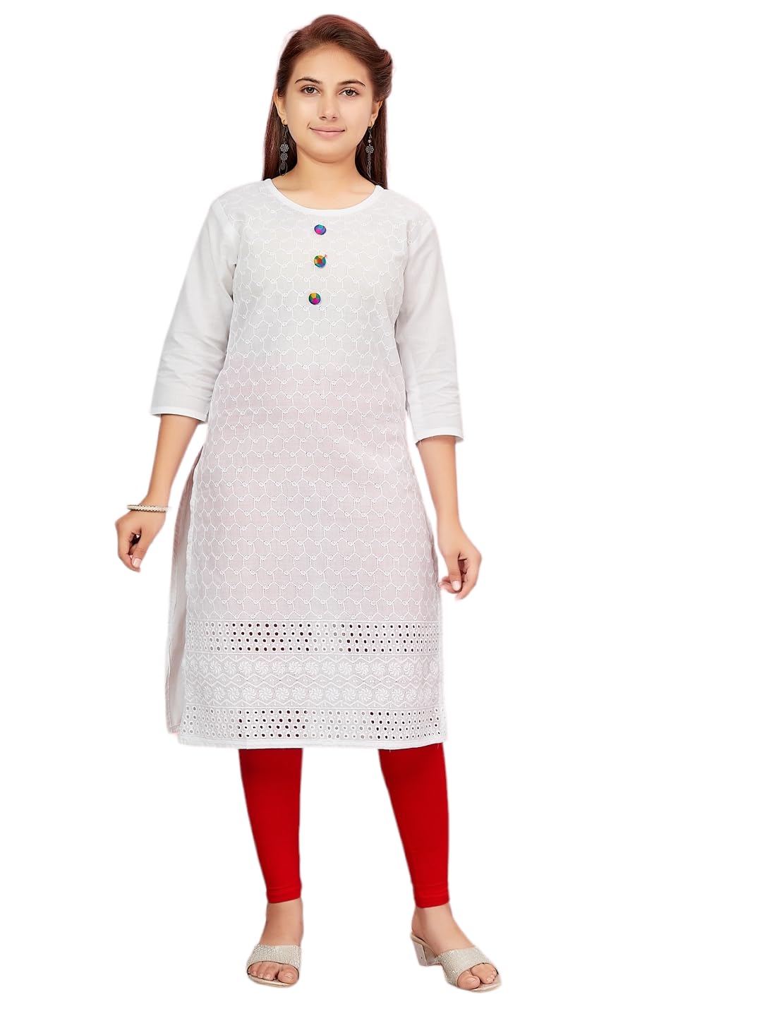 Aarika Girls White Cotton Embroidery Kurti
