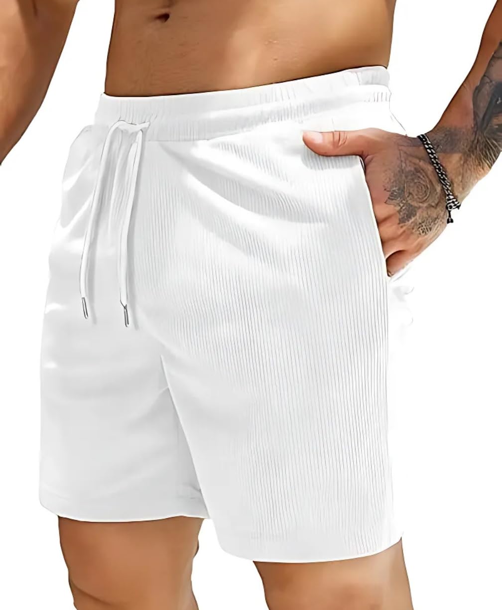SMOWKLY Men's White Casual Ribbed Shorts
