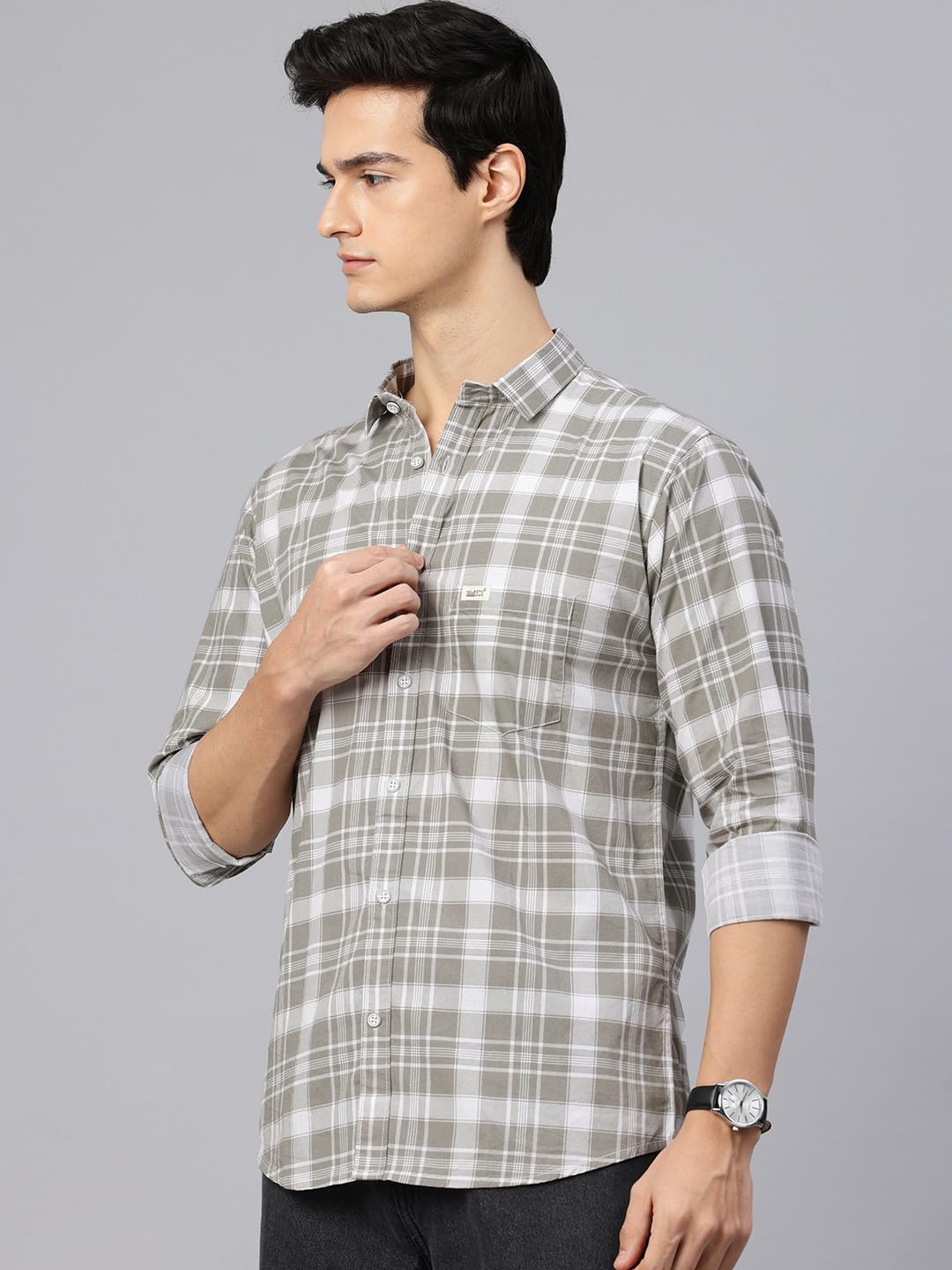 Majestic Man Checked Cotton Shirt - Dusty Olive - Image 3