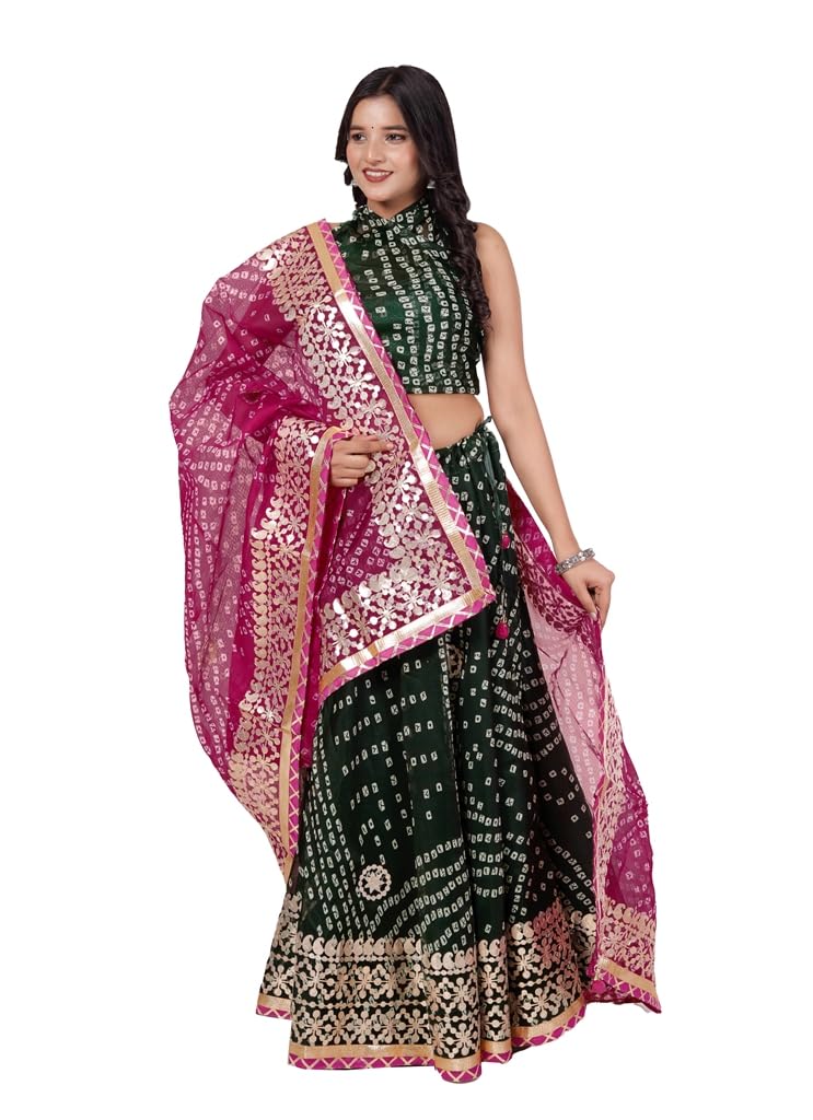 Kota Doria Bandhani Lehenga Choli - Green Pink - Image 5