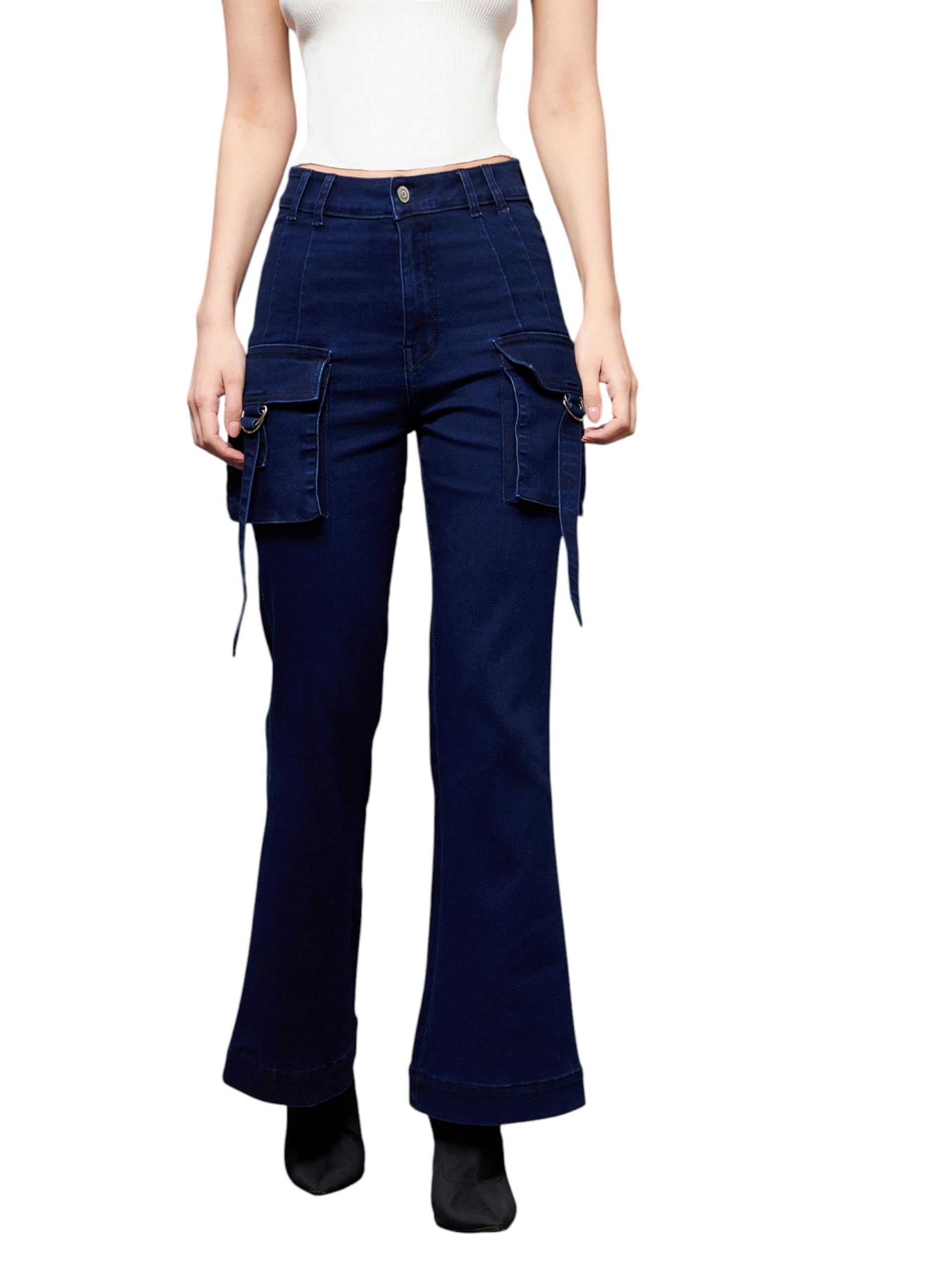 Miss Chase Navy Blue Flared Jeans for Women