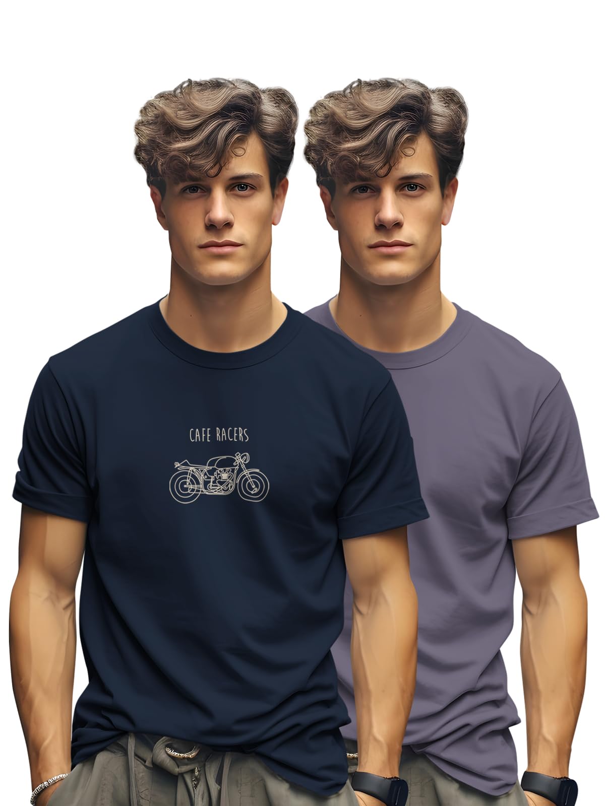 BULLMER Men's Cotton Blend Crew Neck T-Shirts - Navy Blue/Purple