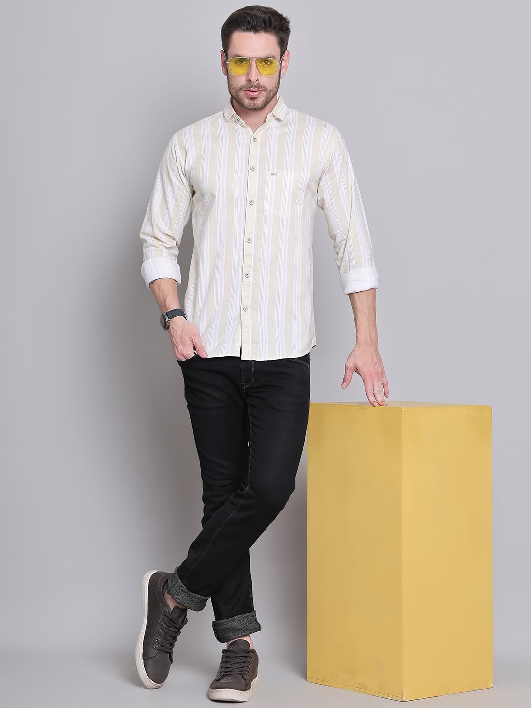 Majestic Man Classic Slim Fit Striped Cotton Shirt - Lemon - Image 4