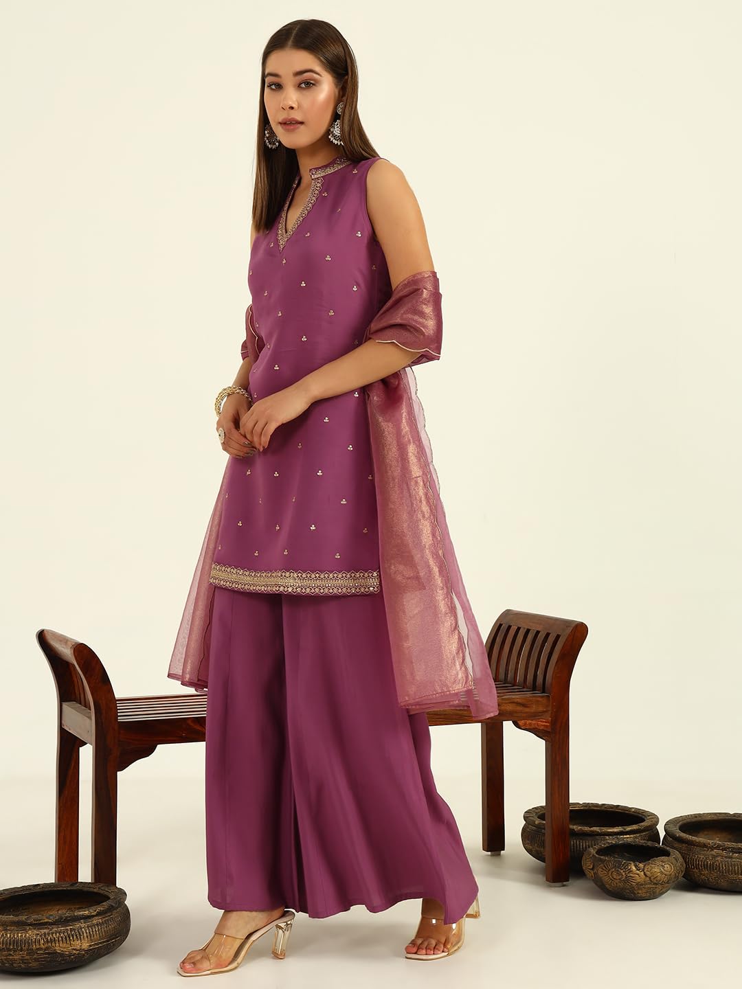 FIORRA Women's Lavender Chanderi Kurta Set - Image 3