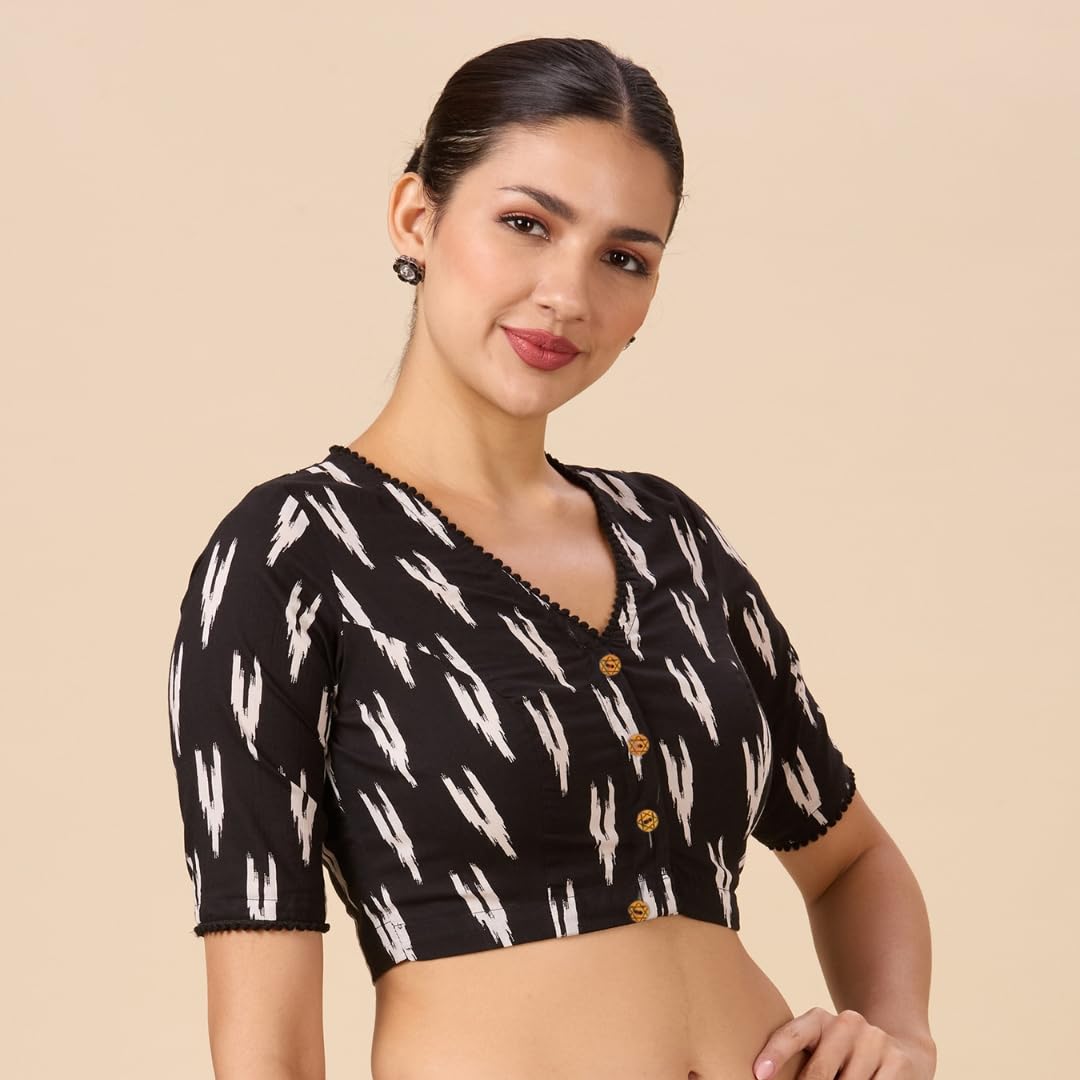 Studio Shringaar Women's Black Cotton Block Printed Saree Blouse - Image 4