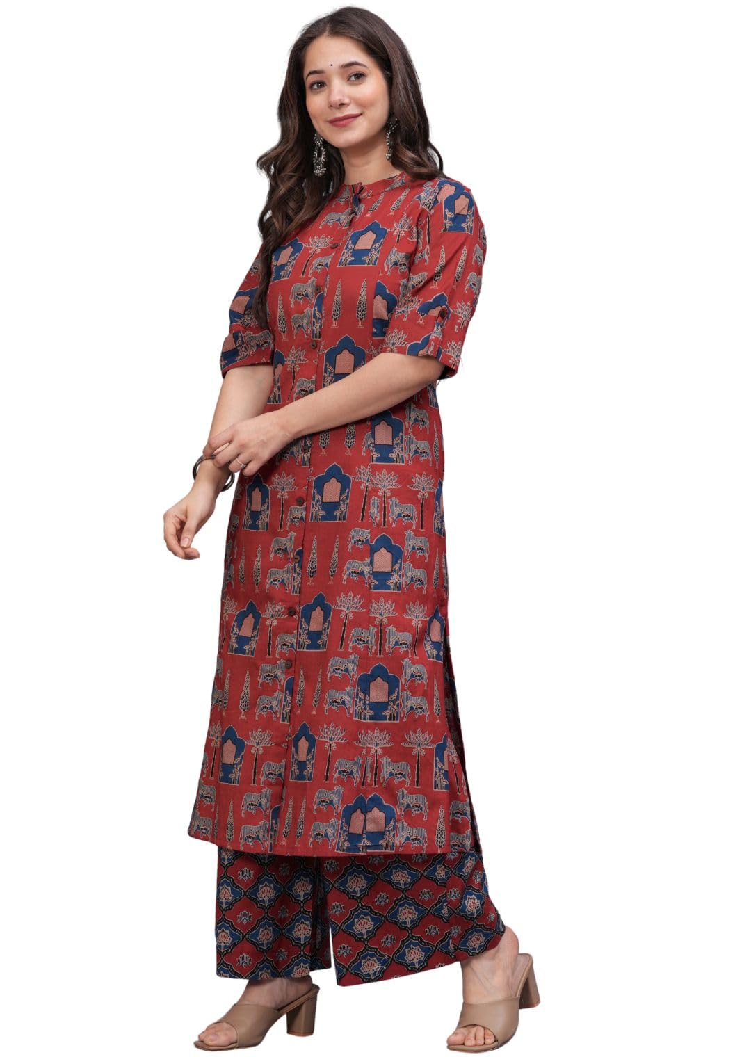 rytras Women's Pure Cotton Printed A-Line Kurta Set - Maroon - Image 4