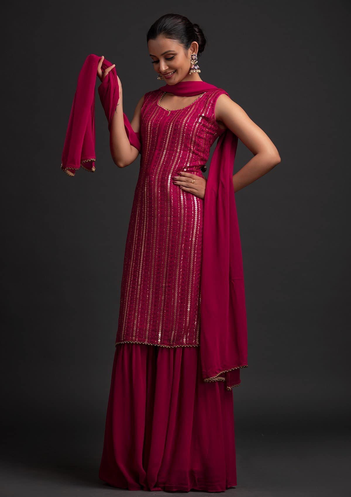 Pink Georgette Kurti Sharara Set for Women - Image 2
