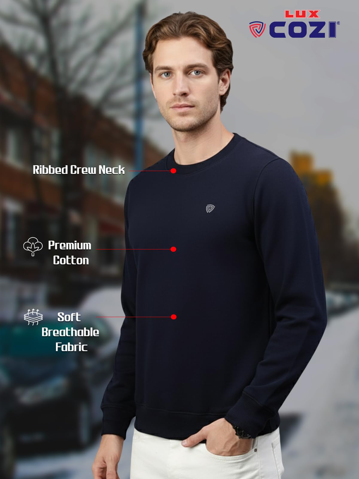 Lux Cozi Men's Cotton Crew Neck Sweatshirt - Navy - Image 3