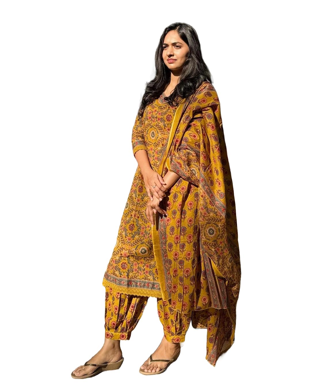 KLOSIA Women Printed Kurta Pant Set with Dupatta - Mustard Yellow
