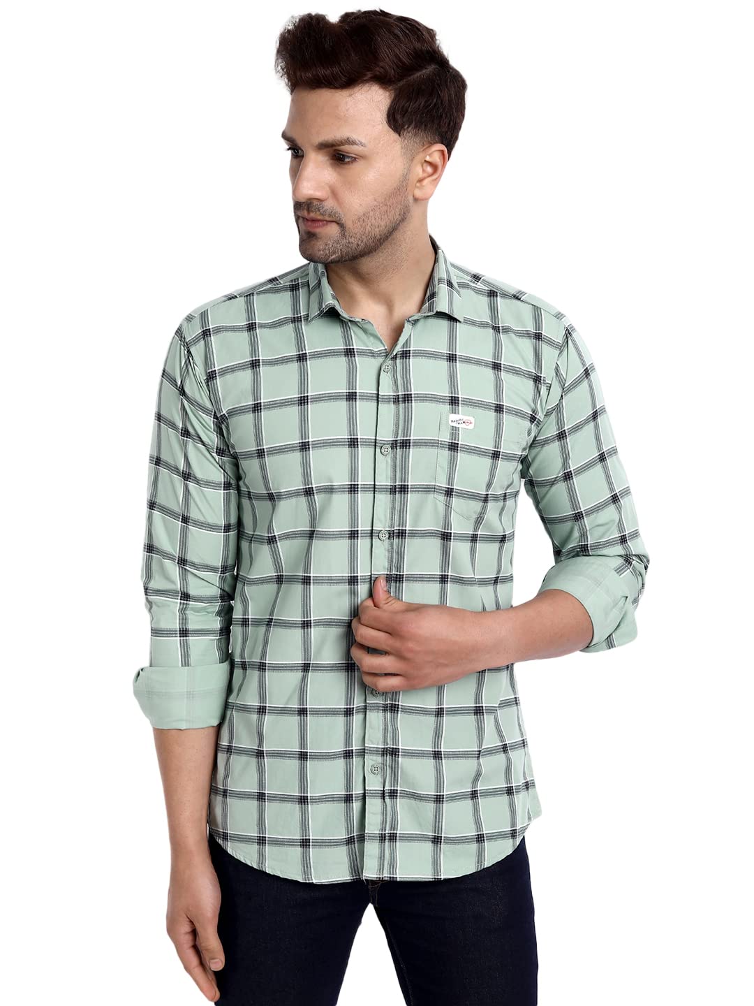Majestic Man Casual Check Shirt for Men - Light Green