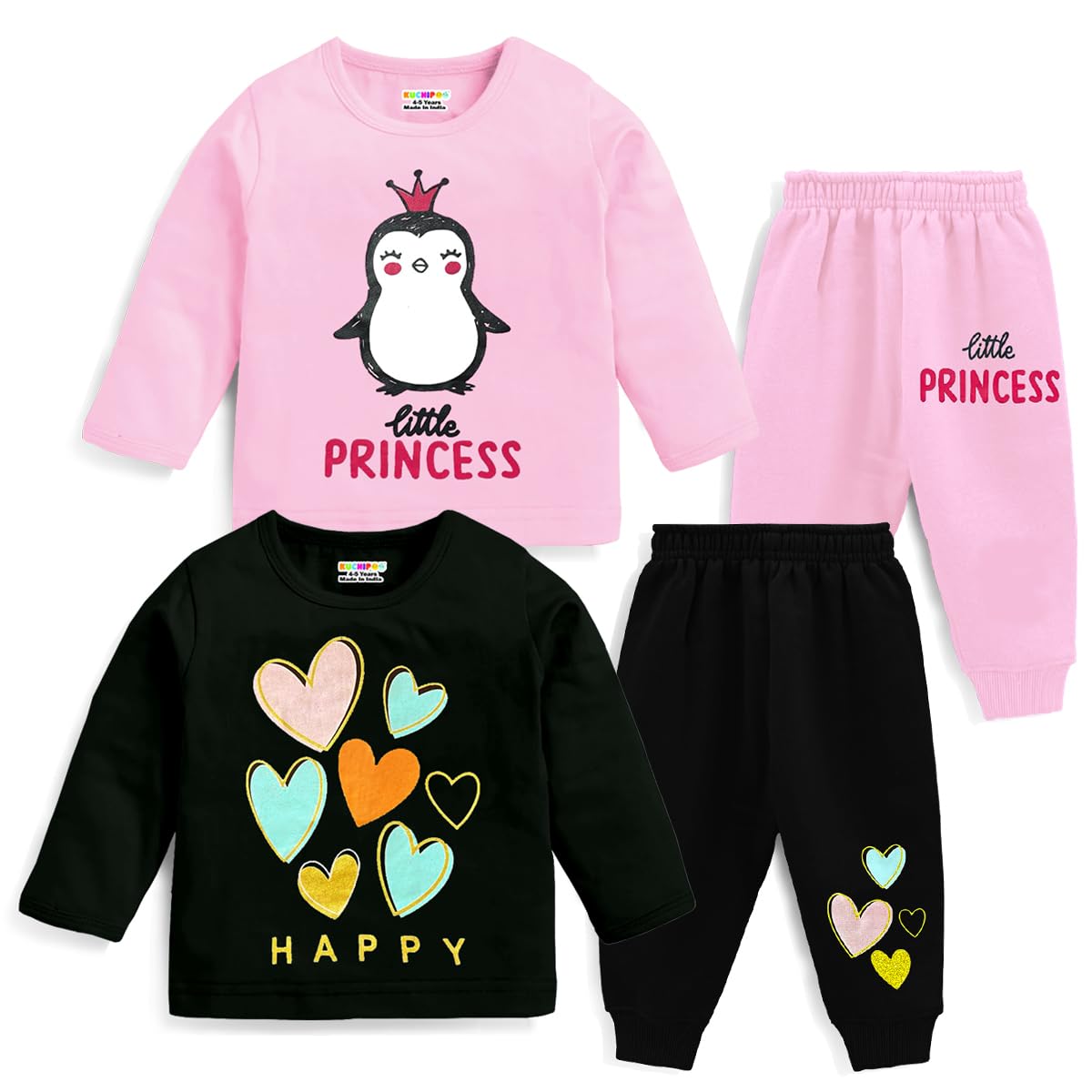 Kuchipoo Baby Girl Cotton Printed T-Shirts and Pyjamas Set - Multi-Color