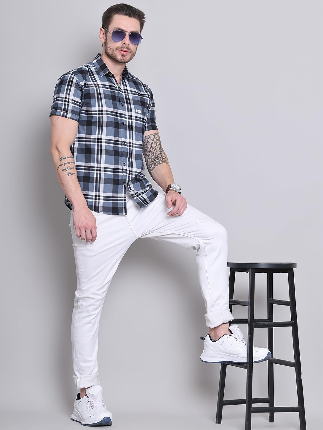 Majestic Man Checked Cotton Shirt for Men - Slate Grey - Image 5