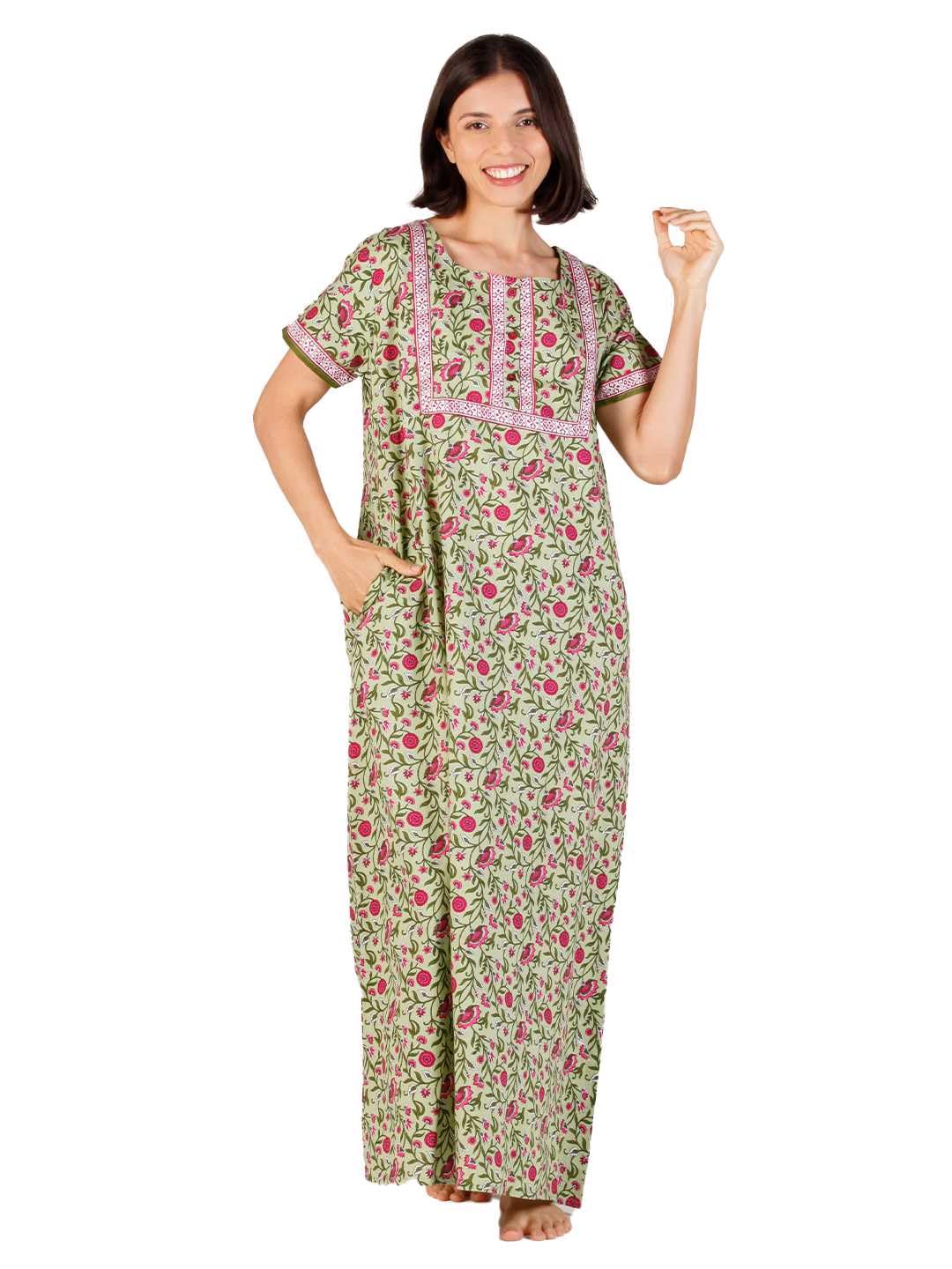 Evolove Forest Green Cotton Maxi Nighty for Women