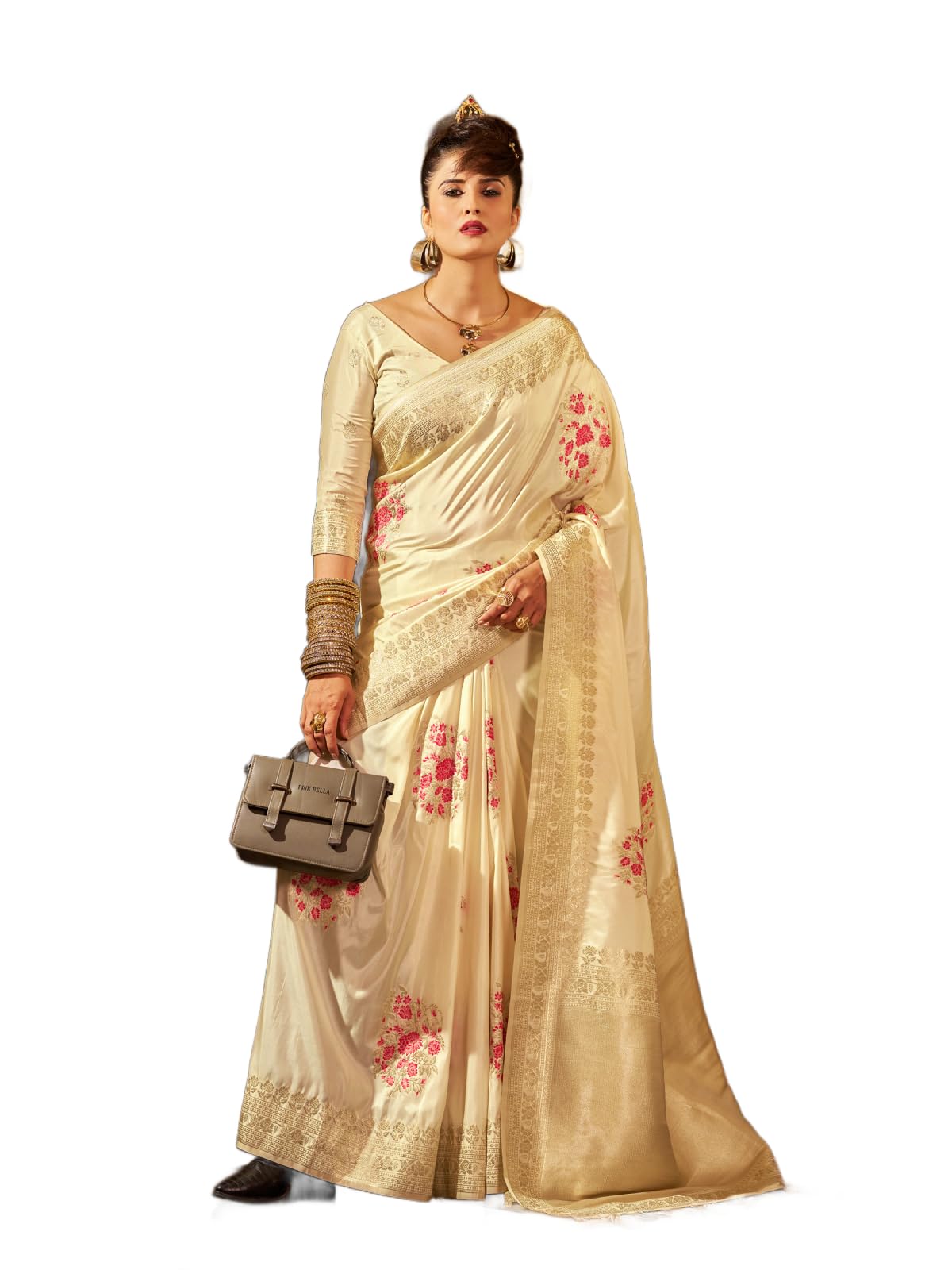 SWORNOF Women's Banarasi Silk Saree - White