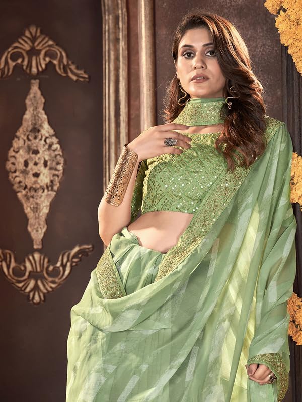 SIRIL Women's Laheriya Printed Georgette Saree - Mint Green - Image 3