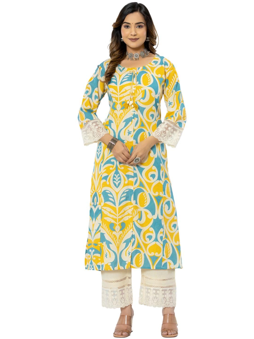 Yellow Cotton Printed A-Line Kurta Pant Set for Women - Image 3
