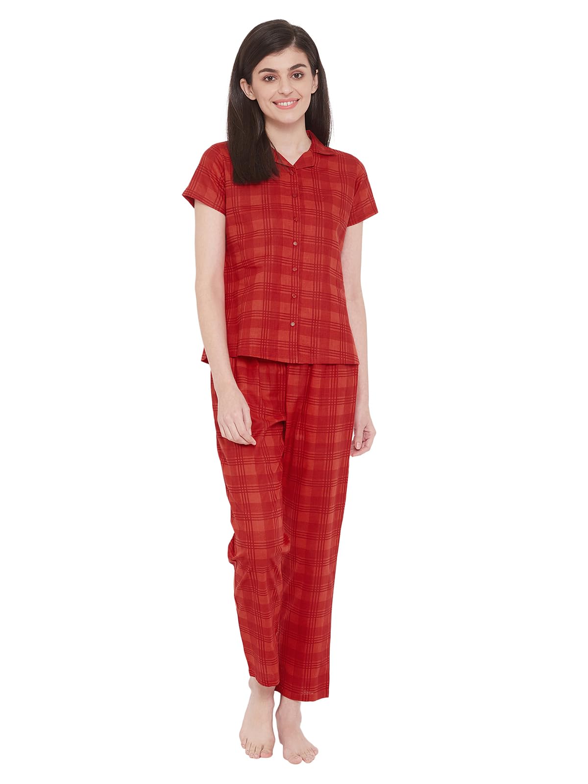 Clovia Red Cotton Checked Shirt Pyjama Set for Women
