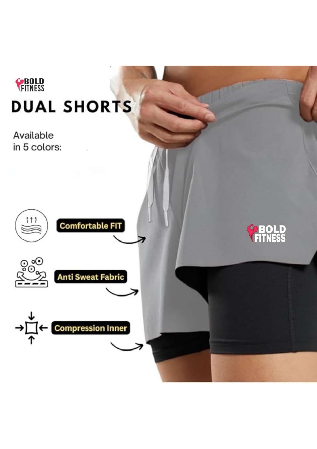 BOLD FITNESS Men's Grey Active Shorts with Inner Tights - Image 5