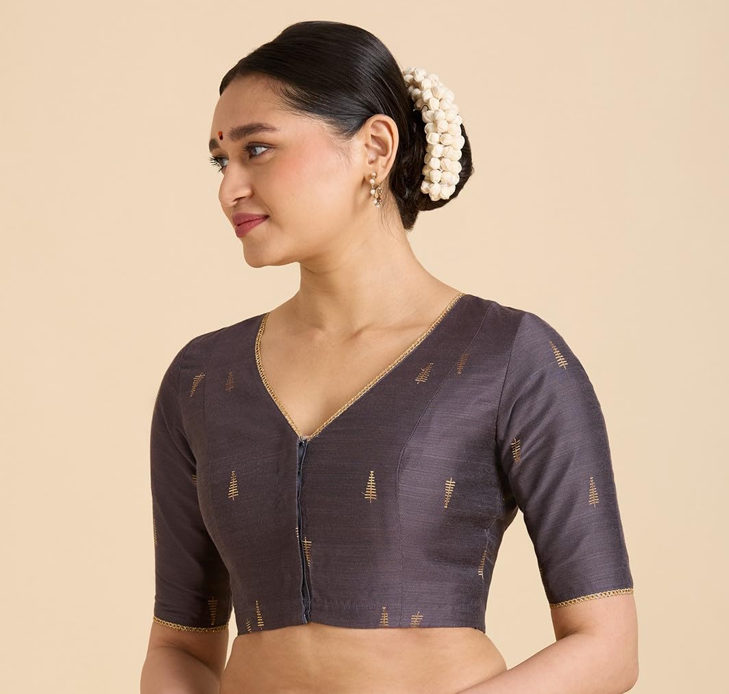 Studio Shringaar Women's Handloom Cotton Silk Saree Blouse - Grey - Image 3