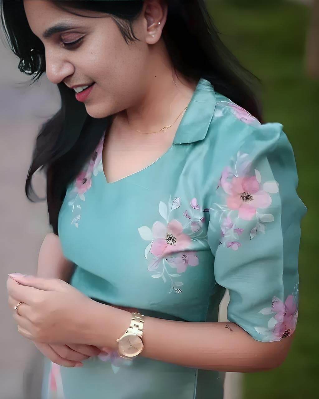 Poru IMPEX Women's Floral Organza Kurti - Aqua Blue - Image 2