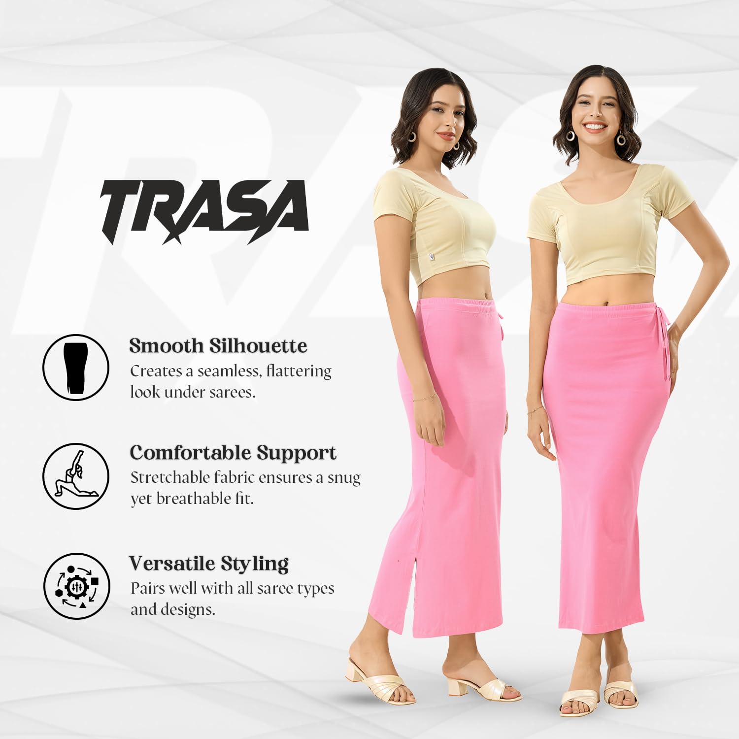 TRASA Saree Shapewear Petticoat for Women - Baby Pink - Image 2