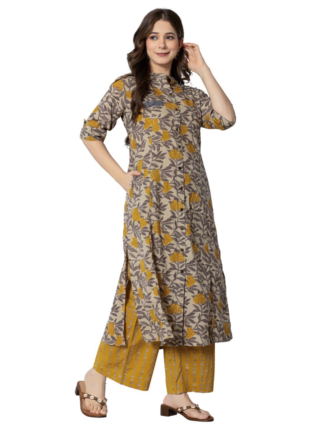 rytras Cotton Printed A-Line Kurta with Palazzo Pant for Women - Mustard - Image 4