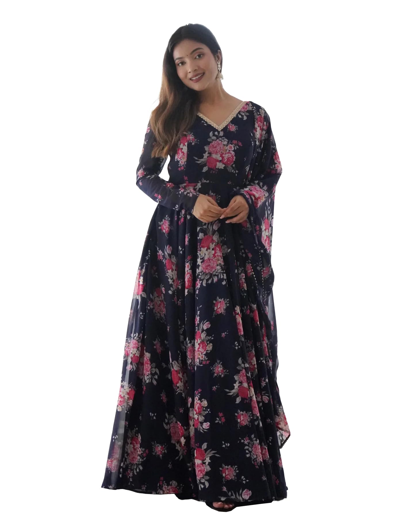 GarbGlide Women Floral Anarkali Kurta - Navy