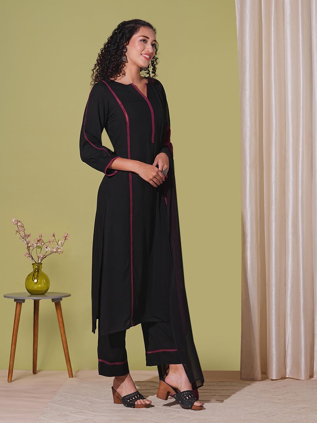 GoSriKi Women's Rayon Viscose Kurta with Pant & Dupatta - Black - Image 4