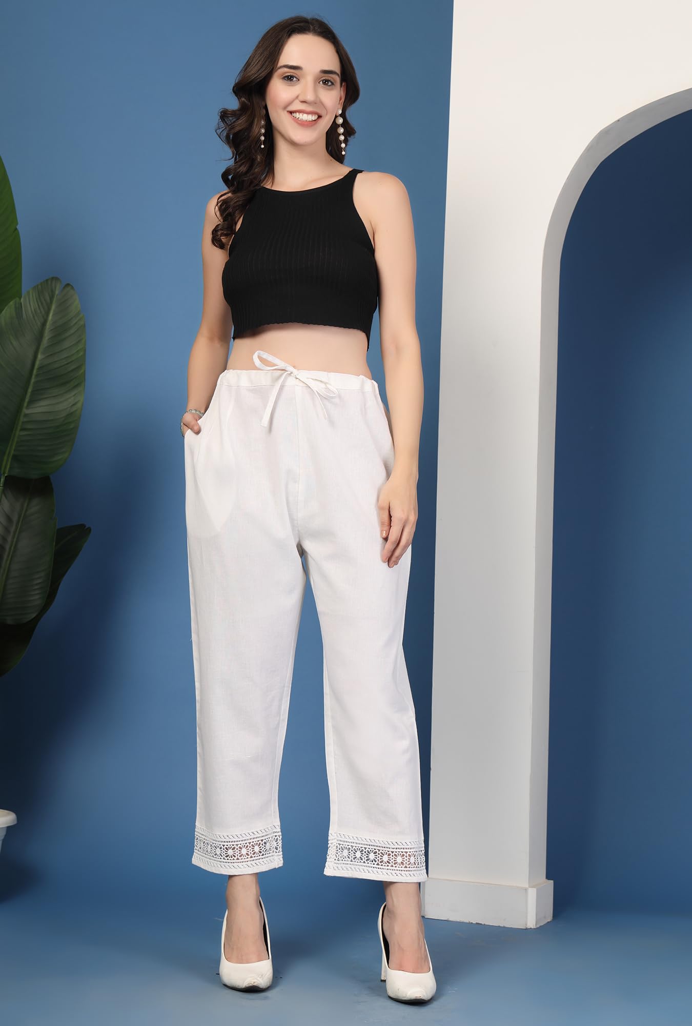 Pistaa Women Pure Cotton Palazzos - Snow White - Image 5