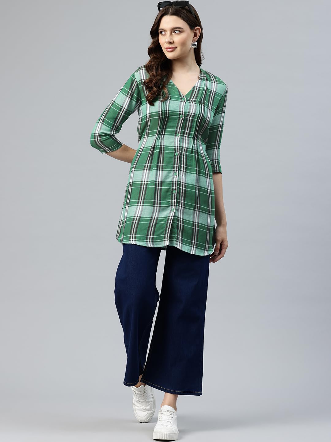 One Femme Green Plaid Tunic Top for Women - Image 5