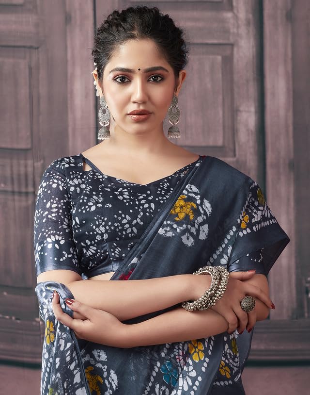 SIRIL Women's Cotton Printed Saree - Grey - Image 5