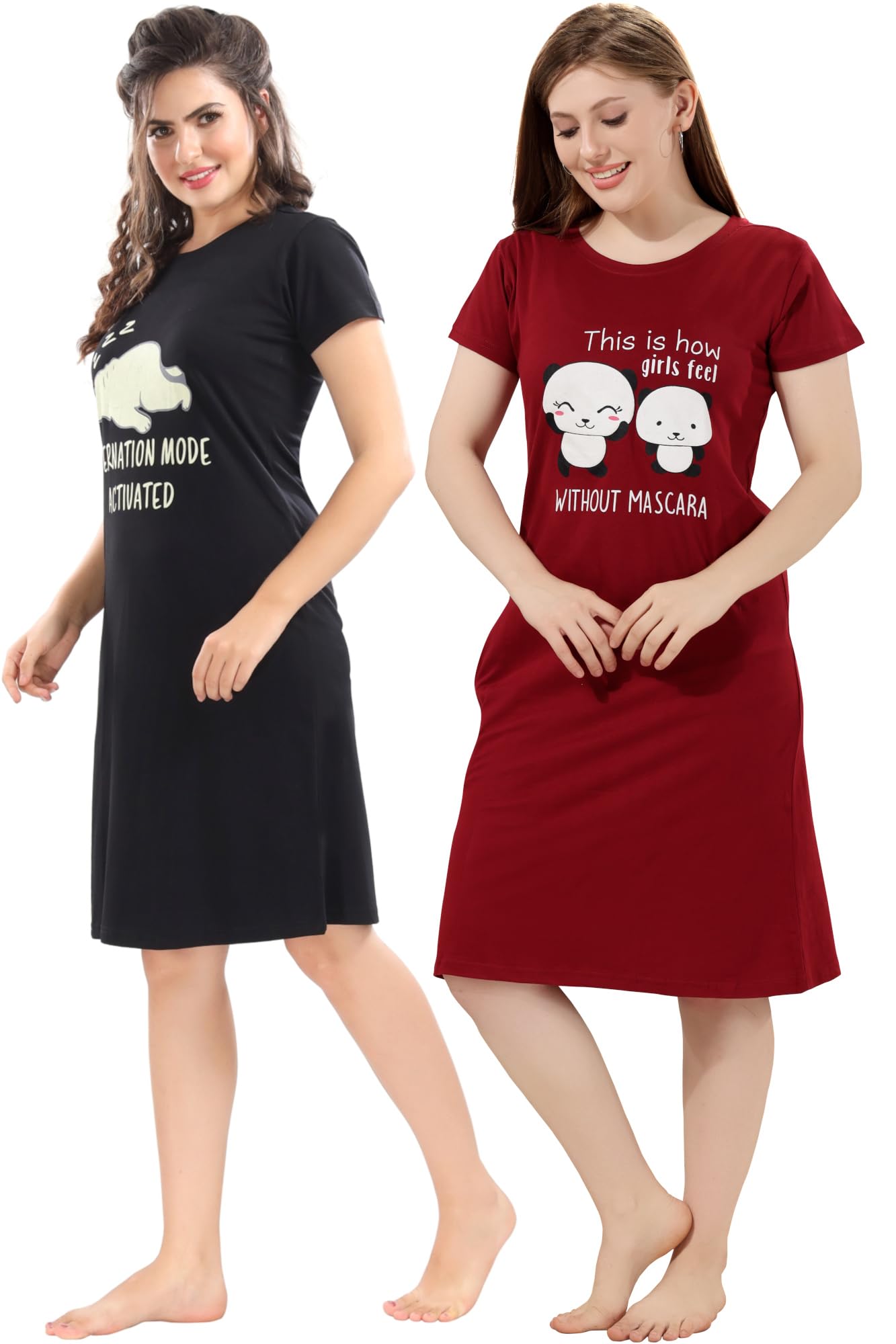 XOYA Maroon & Black Printed Cotton Night Dress for Women - Image 2