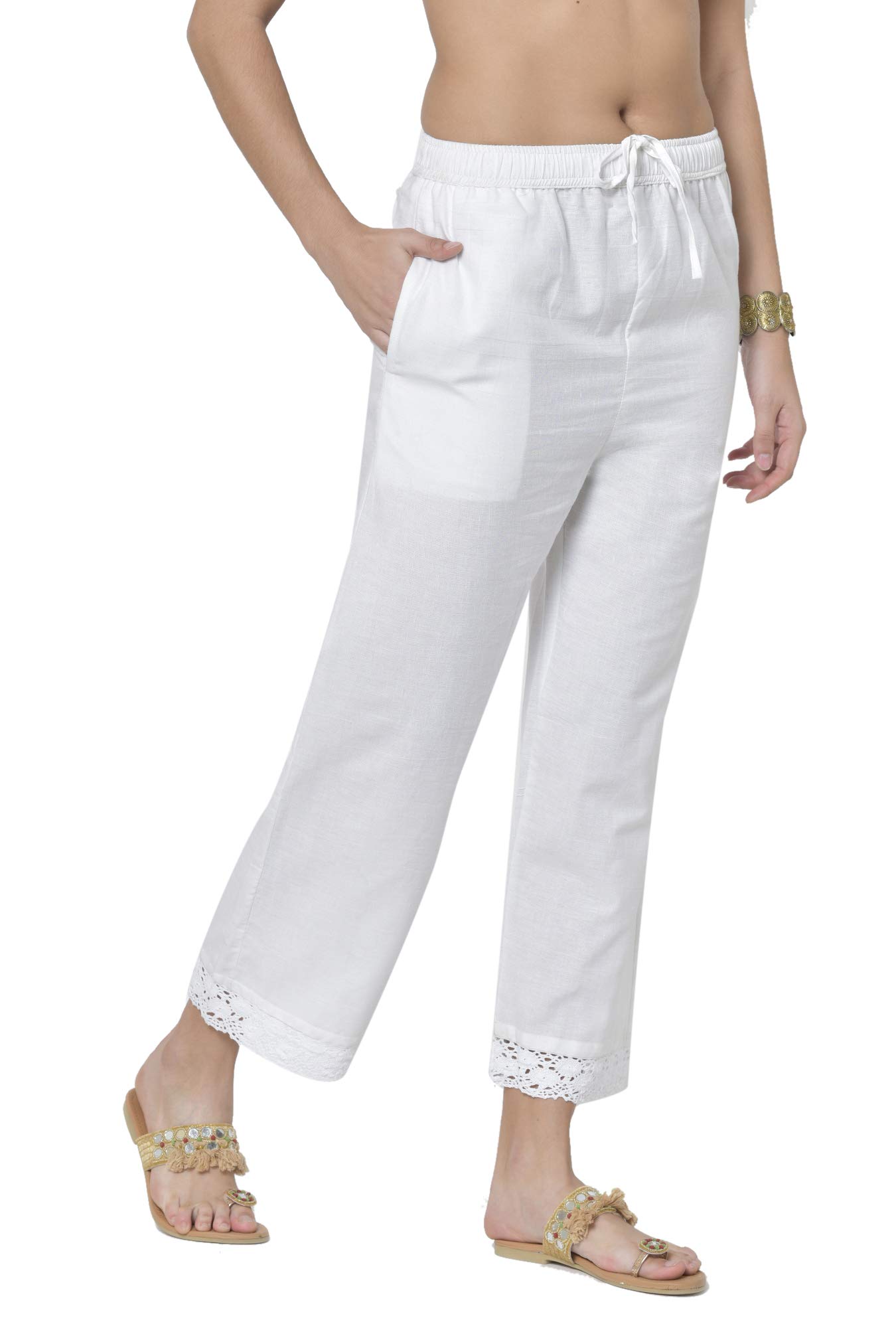 Pistaa White Cotton Palazzo Pants for Women - Image 3
