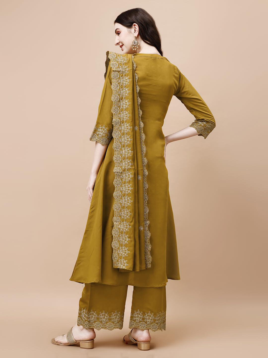 Chanderi Silk Anarkali Kurta Set for Women - Yellow - Image 5