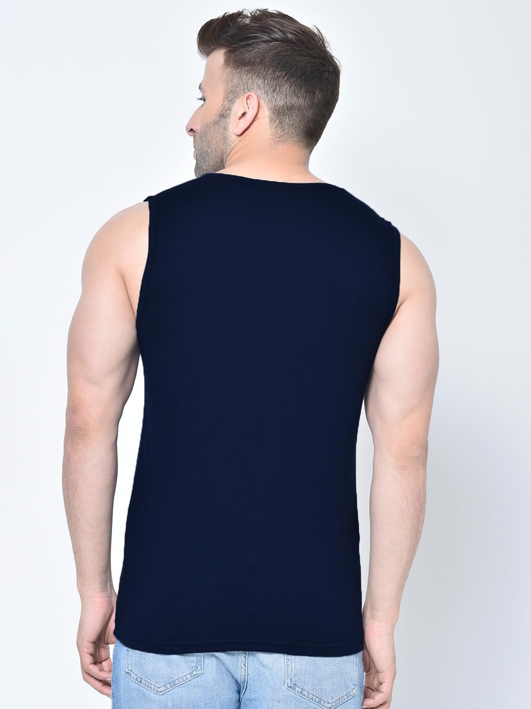 CHKOKKO Men's Navy Blue Cotton Sleeveless Tank Top - Image 4