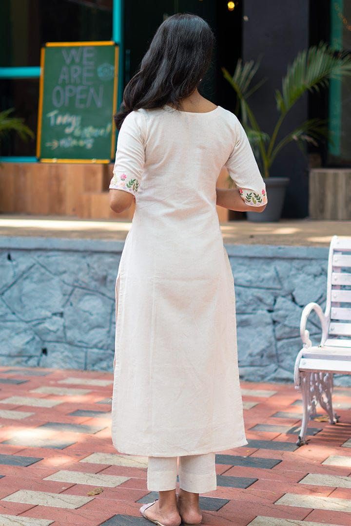 Kurta Pant Set with Embroidery - Beige - Image 3