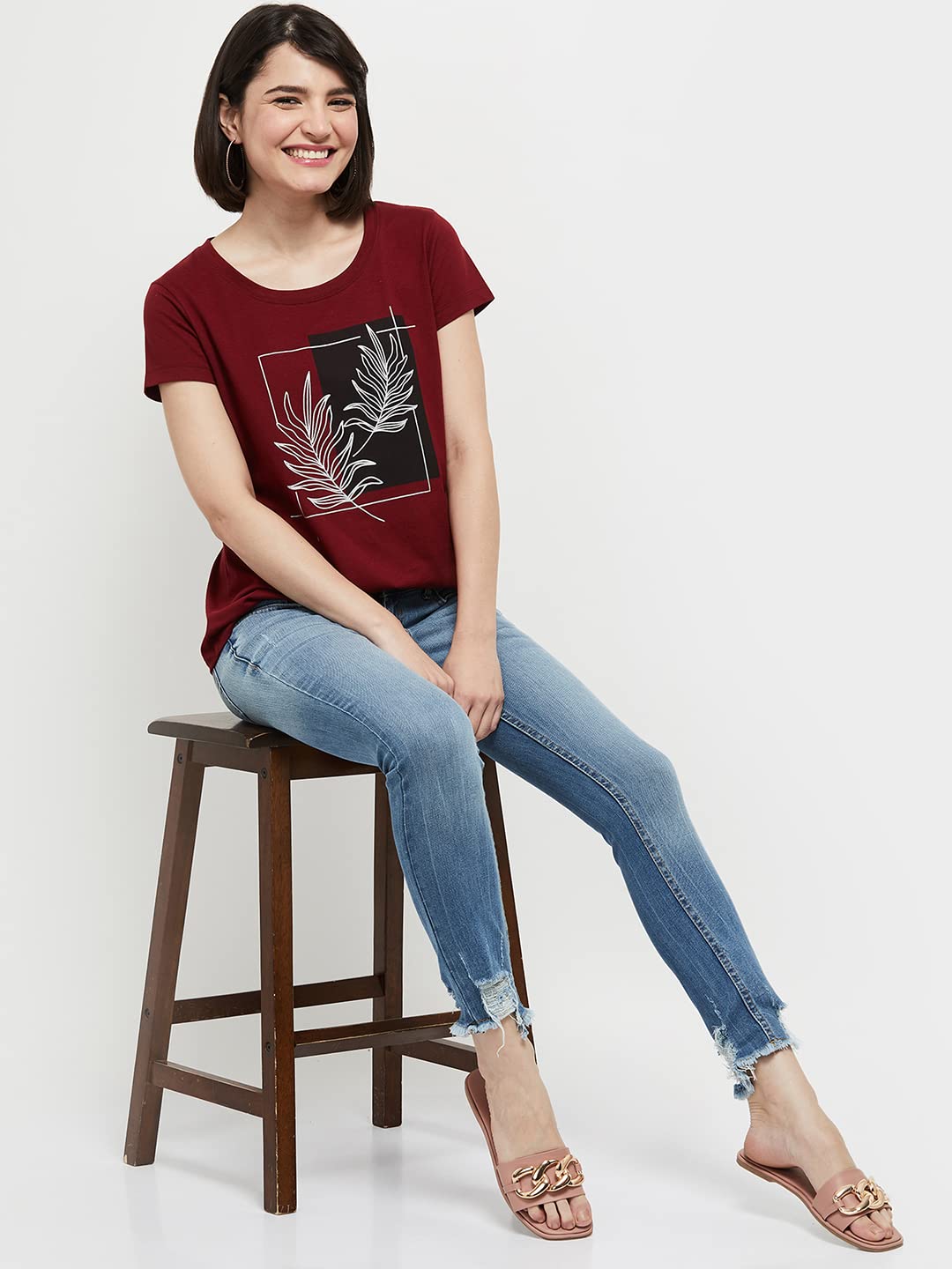 Max Women's Maroon Cotton Printed T-Shirt - Image 2