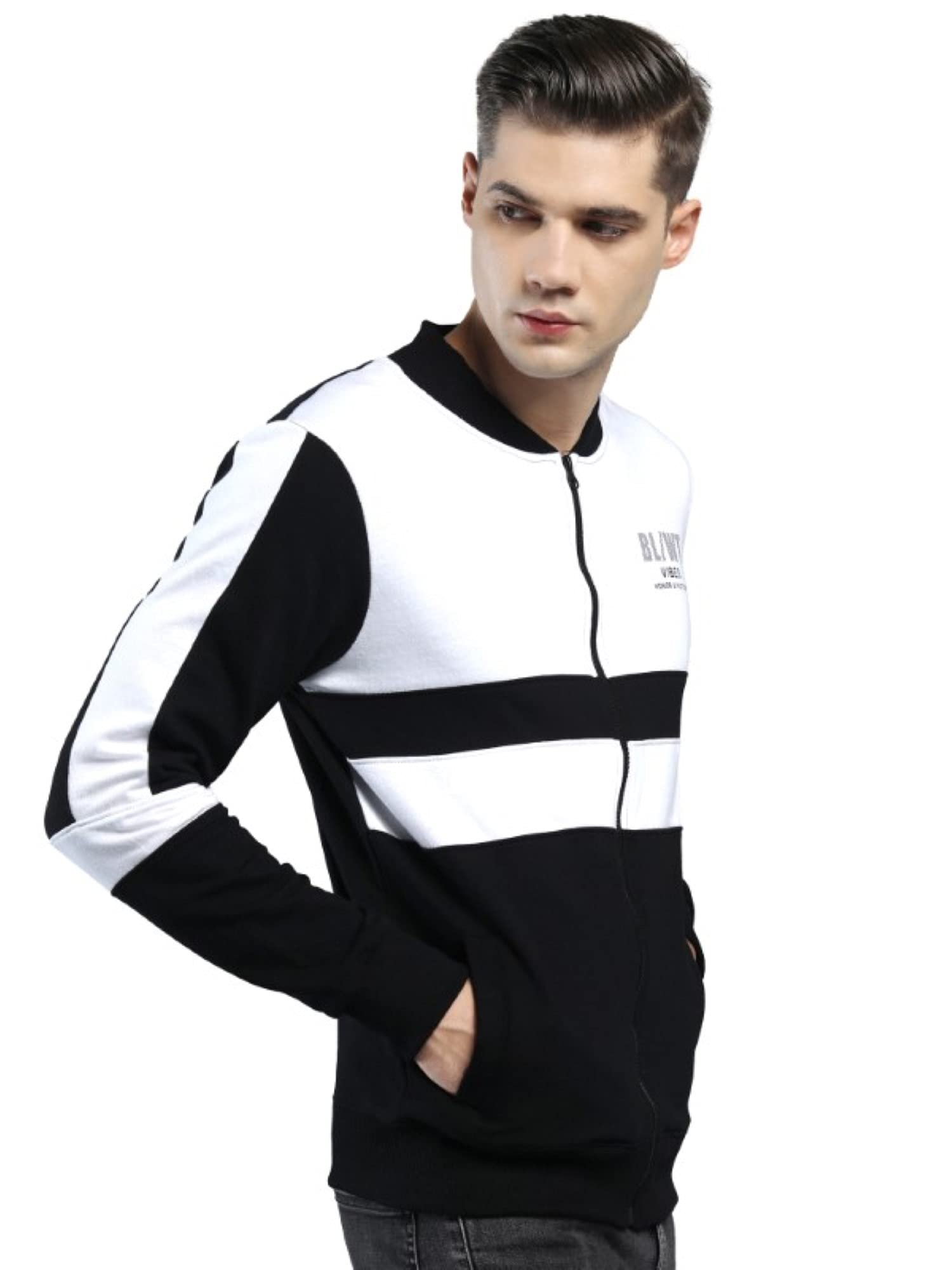 Maniac Men Color Block Casual Zip Jacket - Black White - Image 2