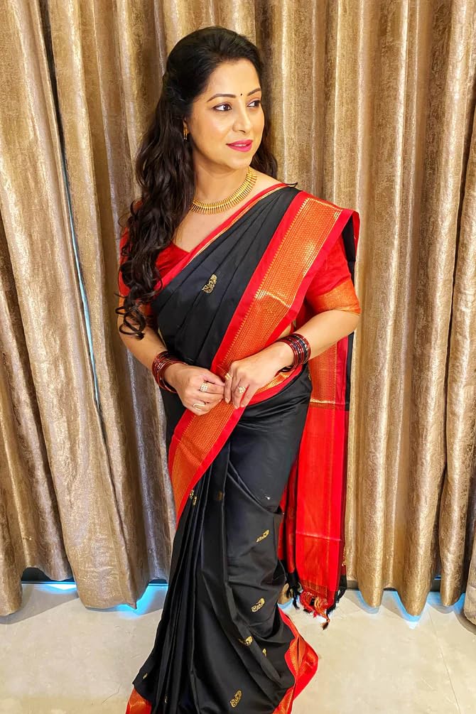 GarbGlide Women's Kanjivaram Lichi Silk Saree - Black Red - Image 2