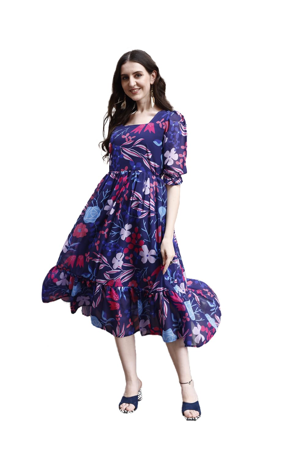 SMOWKLY Women's Georgette Floral Gown - Blue